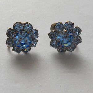 Baby Blue Rhinestone Flower Design Earrings. Vintage